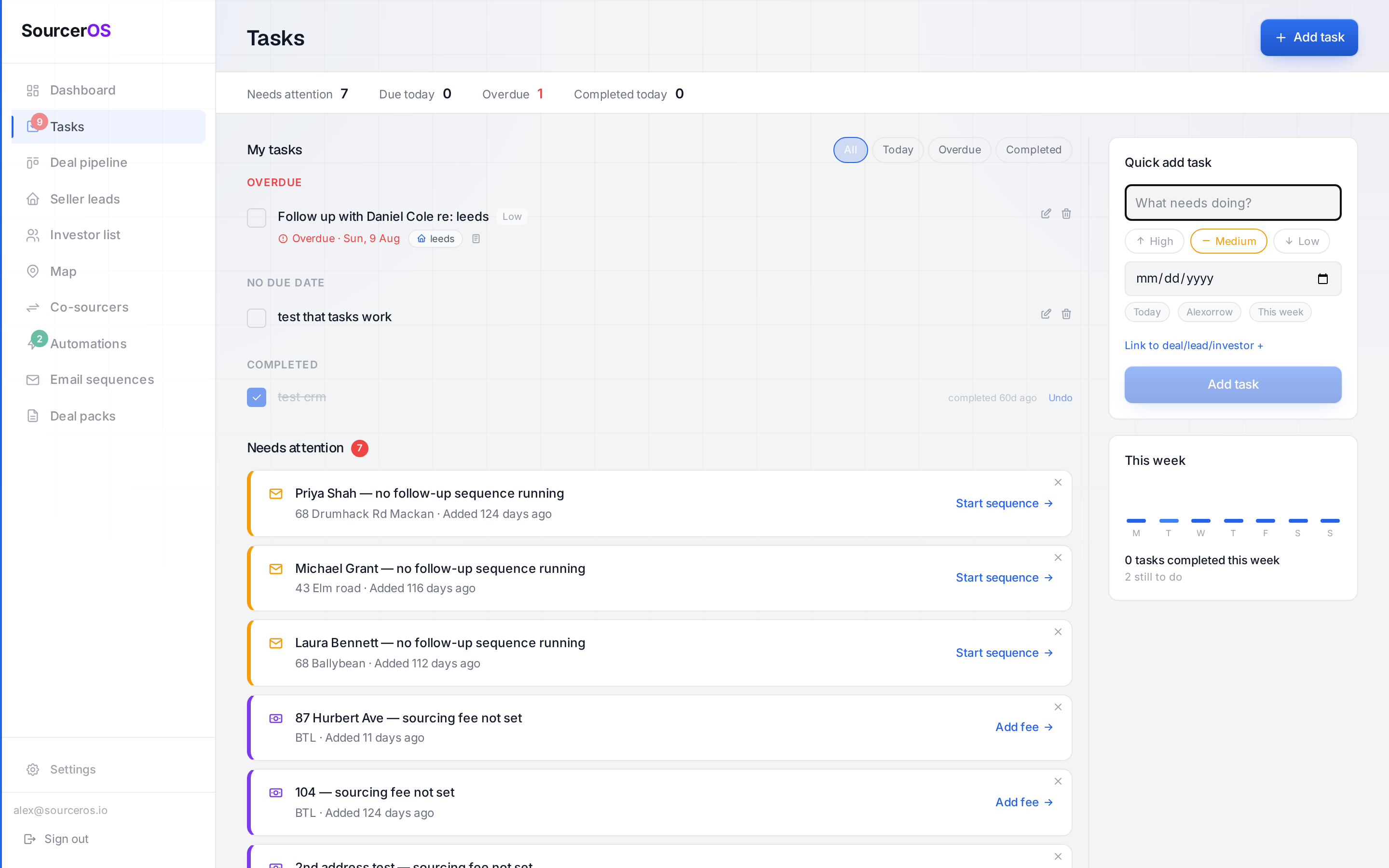 SourcerOS tasks page showing overdue tasks and automatic needs-attention nudges